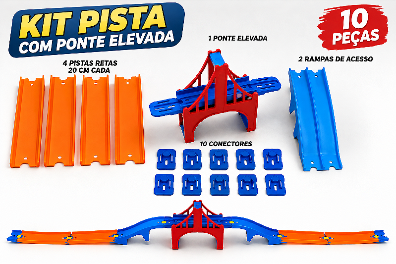 Kit Pista Hot Wheels com Ponte Suspensa 4 Retas de 20 cm e Conectores 3D