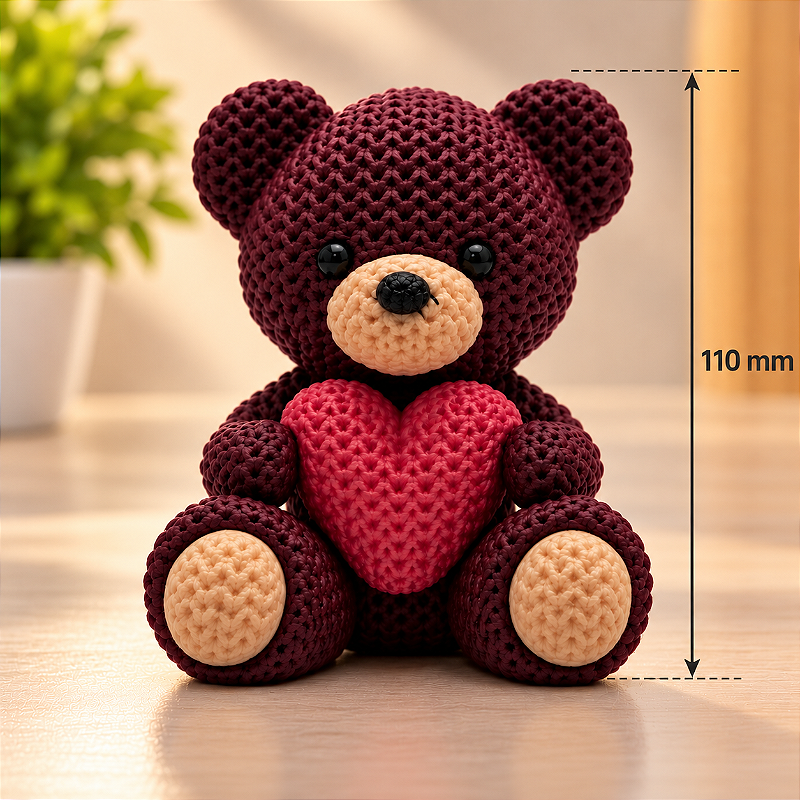 Urso de Crochê tricô com Coração 110 mm Decorativo Estilo Amigurumi 3D