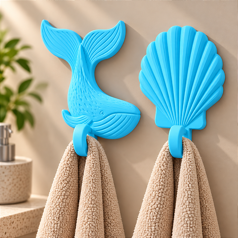 Kit 2 Ganchos de Parede Baleia e Concha Porta-Toalhas Organizador Decorativo