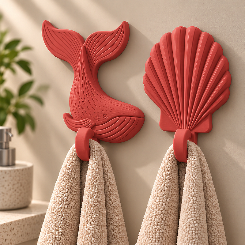 Kit 2 Ganchos de Parede Baleia e Concha Porta-Toalhas Organizador Decorativo