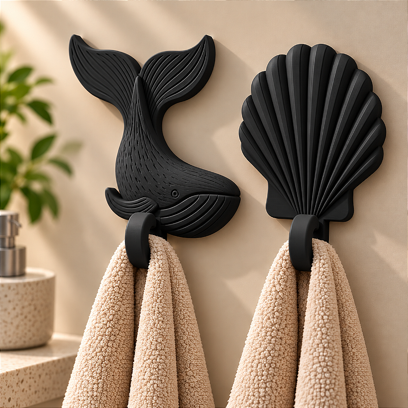 Kit 2 Ganchos de Parede Baleia e Concha Porta-Toalhas Organizador Decorativo