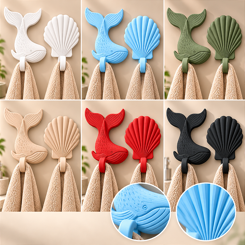 Kit 2 Ganchos de Parede Baleia e Concha Porta-Toalhas Organizador Decorativo