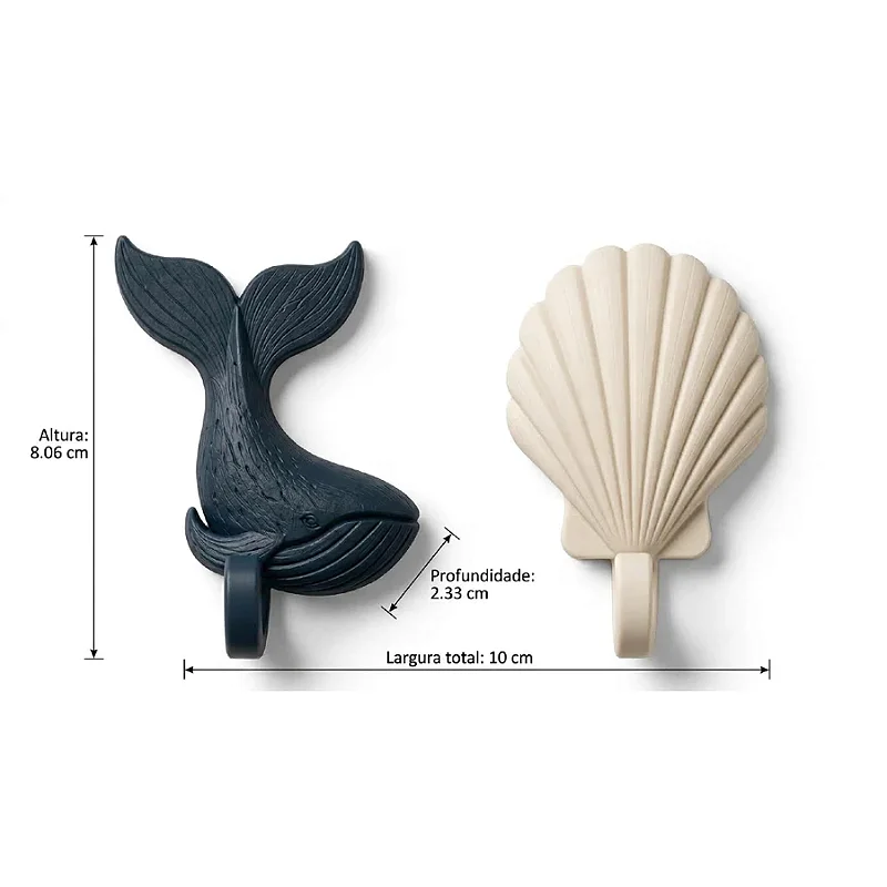 Kit 2 Ganchos de Parede Baleia e Concha Porta-Toalhas Organizador Decorativo