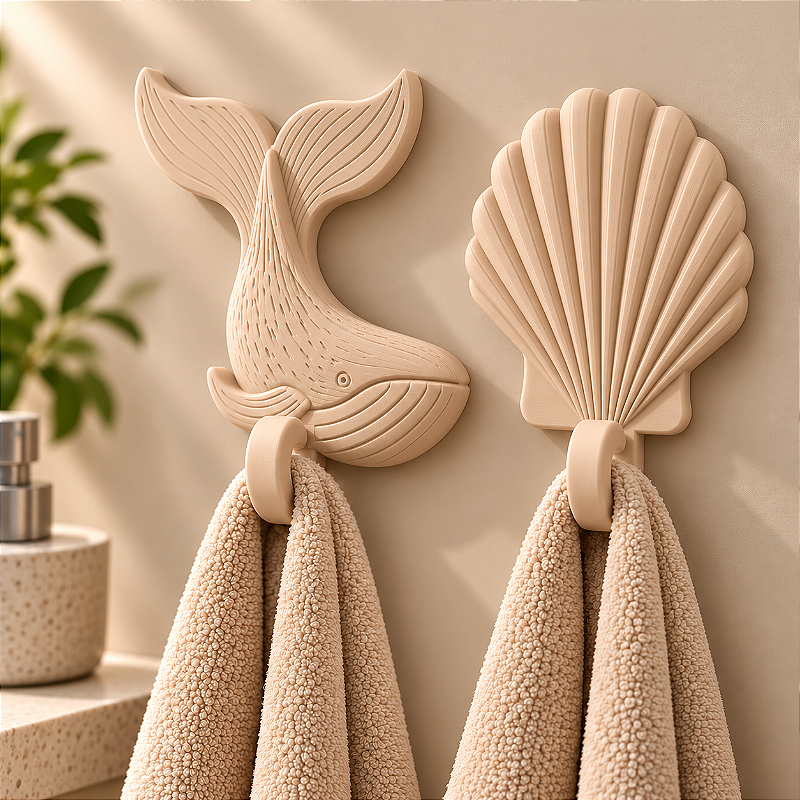 Kit 2 Ganchos de Parede Baleia e Concha Porta-Toalhas Organizador Decorativo