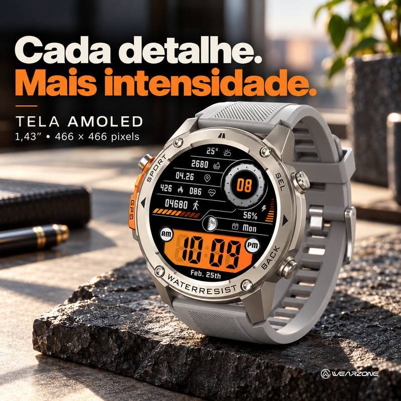 Smartwatch Wearzone BRAVE AMOLED 1,43” GPS Dual-Band L1+L5, 170+ Modos Esportivos, 5 ATM e IP69K