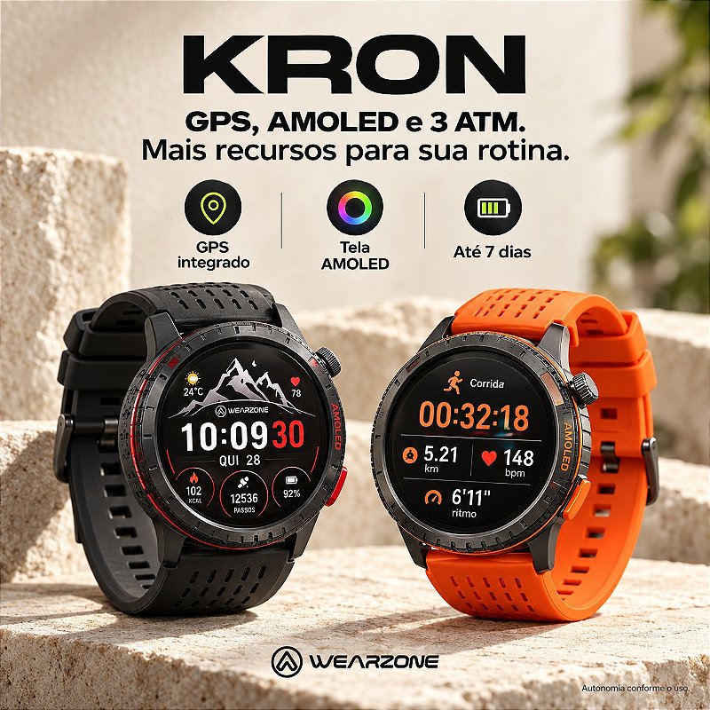 Smartwatch Wearzone KRON AMOLED com GPS Integrado, Chamadas Bluetooth, 3 ATM e Pulseira de Silicone