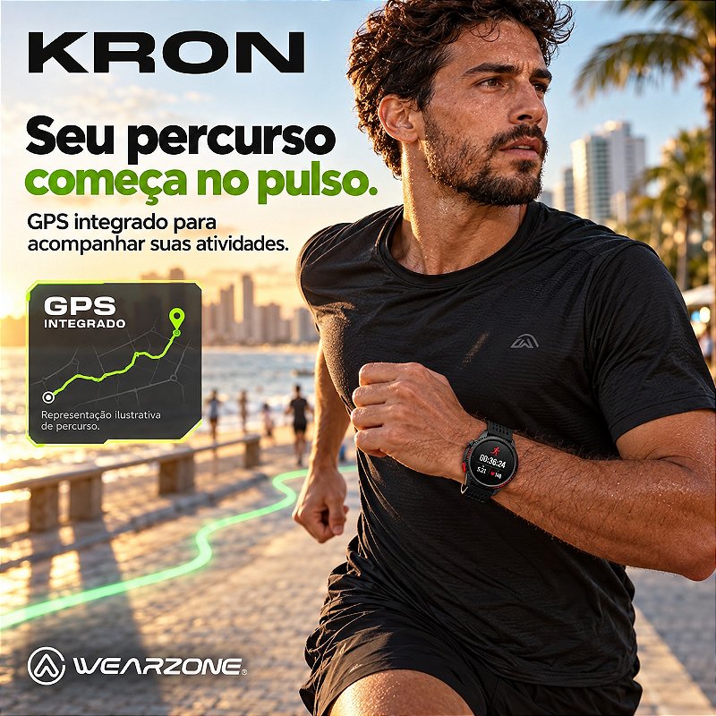 Smartwatch Wearzone KRON AMOLED com GPS Integrado, Chamadas Bluetooth, 3 ATM e Pulseira de Silicone