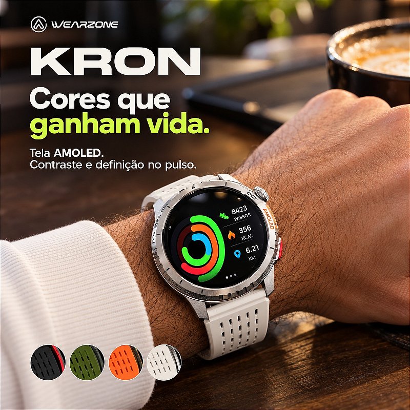 Smartwatch Wearzone KRON AMOLED com GPS Integrado, Chamadas Bluetooth, 3 ATM e Pulseira de Silicone
