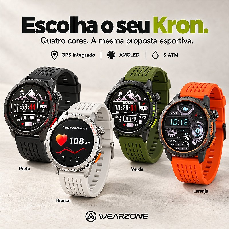 Smartwatch Wearzone KRON AMOLED com GPS Integrado, Chamadas Bluetooth, 3 ATM e Pulseira de Silicone
