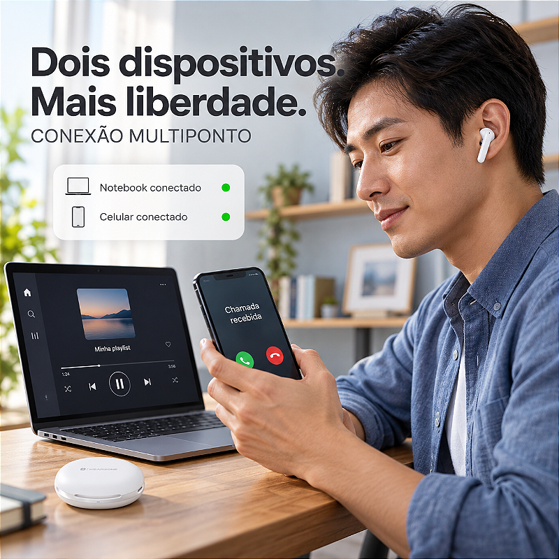 Fone bluetooth TWS WZ06 Cancelamento de Ruído ANC ENC Multi-point