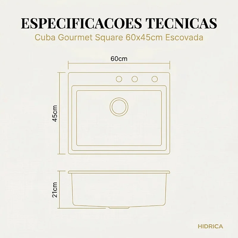 Hídrica Metais Cuba Gourmet Square 60x45 Inox 304