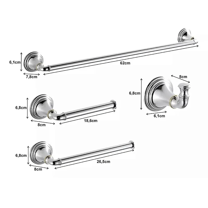 Kit de acessórios para banheiro com 4 peças em Aço Inox 304, acabamento bicolor e design Provençal.