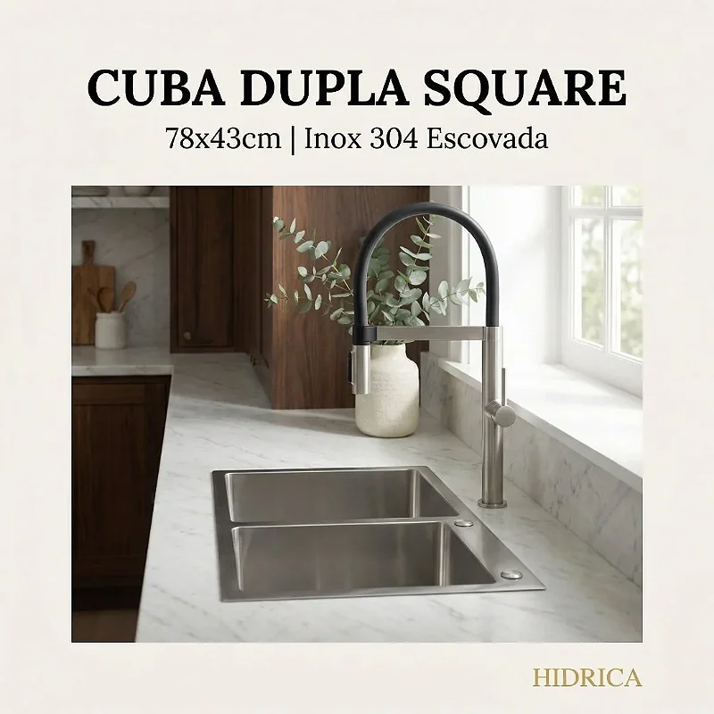 Hídrica Metais Cuba Dupla Square 78x43 Inox 304 Escovada