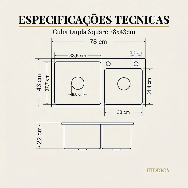 Hídrica Metais Cuba Dupla Square 78x43 Inox 304 Escovada