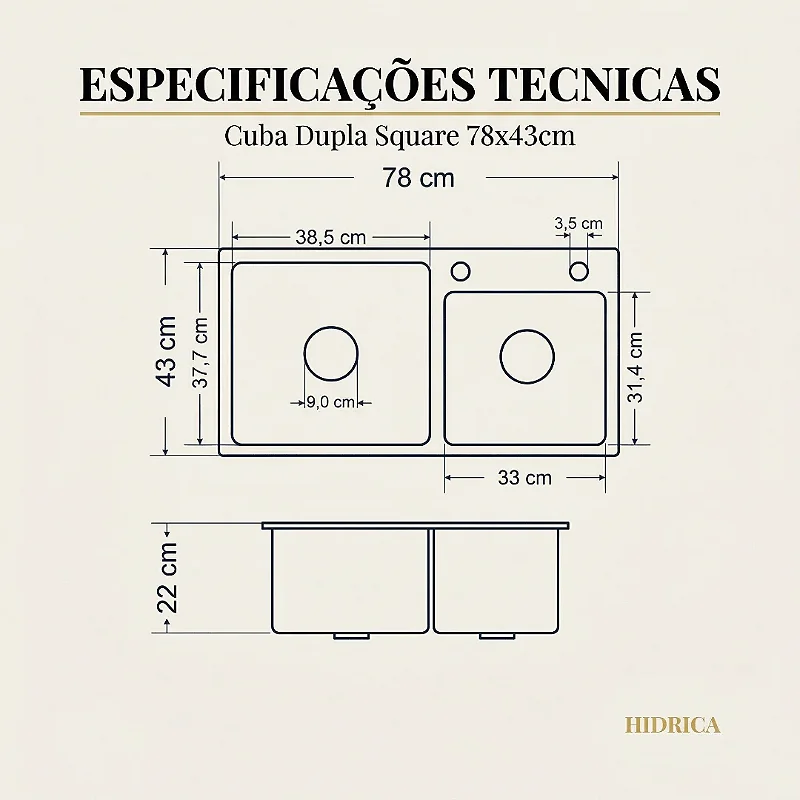 Hídrica Metais Cuba Dupla Square Inox 304 78x43 Preta
