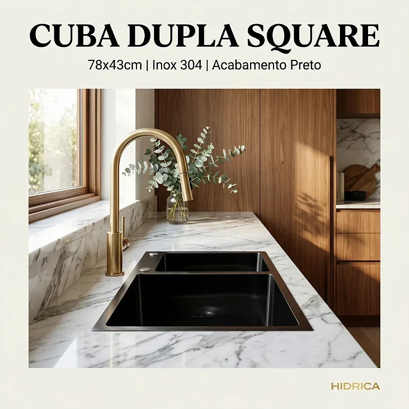 Hídrica Metais Cuba Dupla Square Inox 304 78x43 Preta