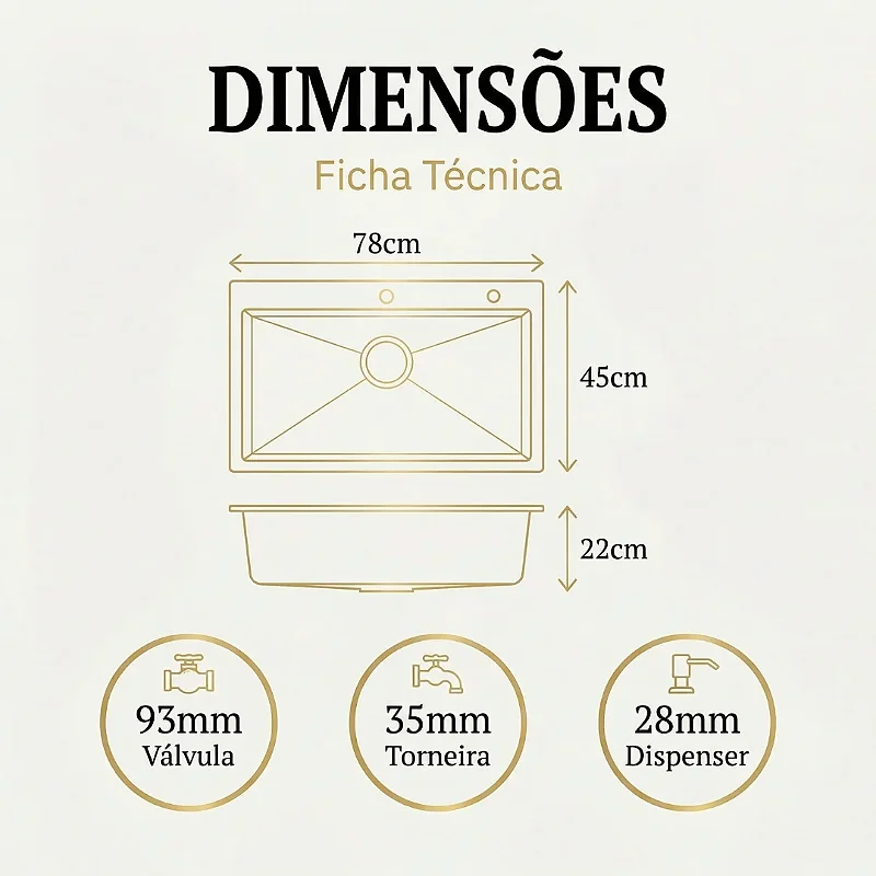 Hídrica Metais Cuba Gourmet Artisan 78x45 Inox 304