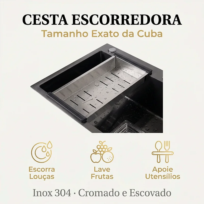 Hídrica Metais Cuba Gourmet Artisan 78x45 Inox 304 Preta