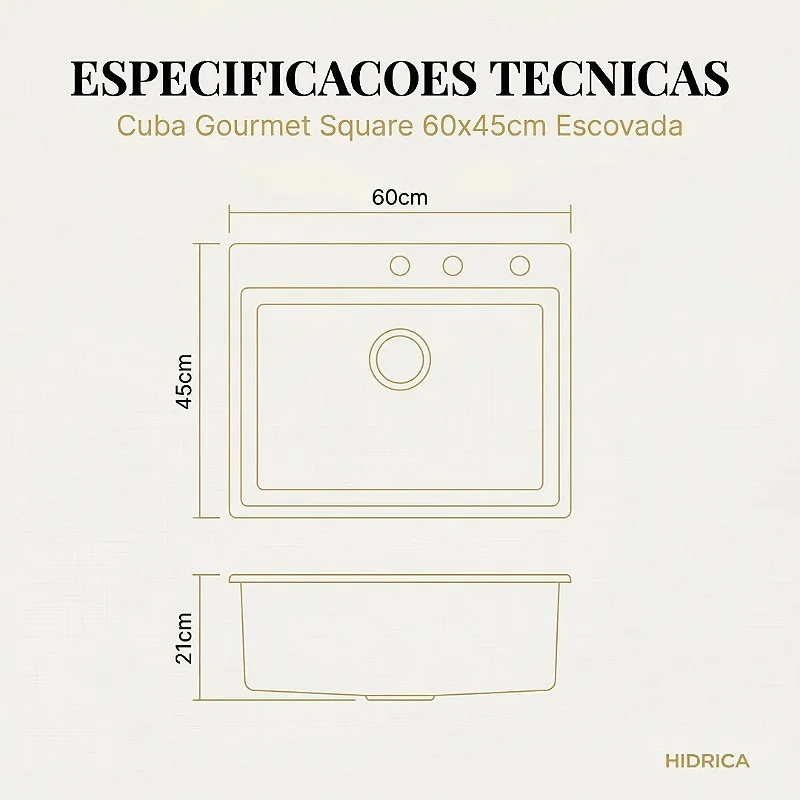 Hídrica Metais Cuba Gourmet Square 60x45 Preta Inox 304