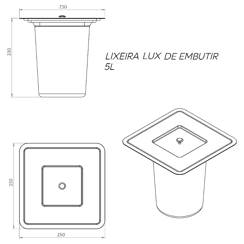 Hídrica Metais Lixeira de Embutir Quadrada Lux 5L Inox 304