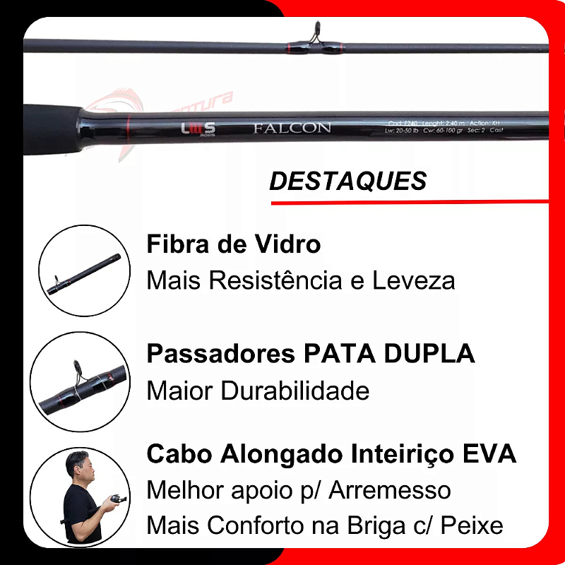 Vara Para Carretilha Falcon 2 Partes 2,10m 20-50lbs Lms Rods