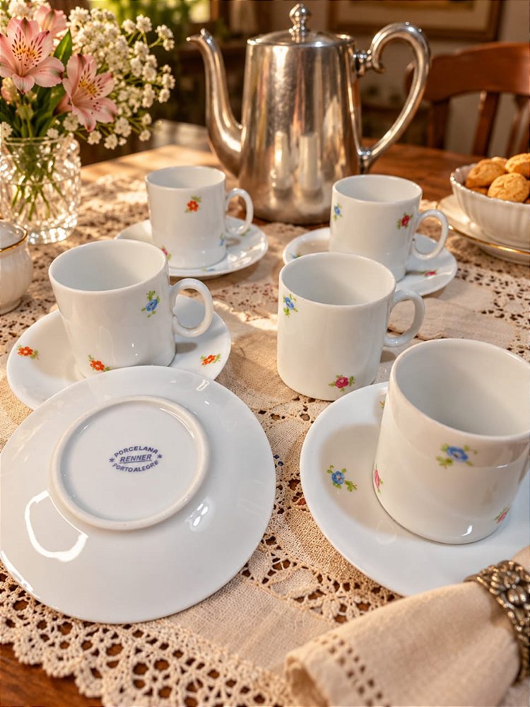 Conjunto Vintage Floral de 5 Xícaras com Pires – Porcelana Renner