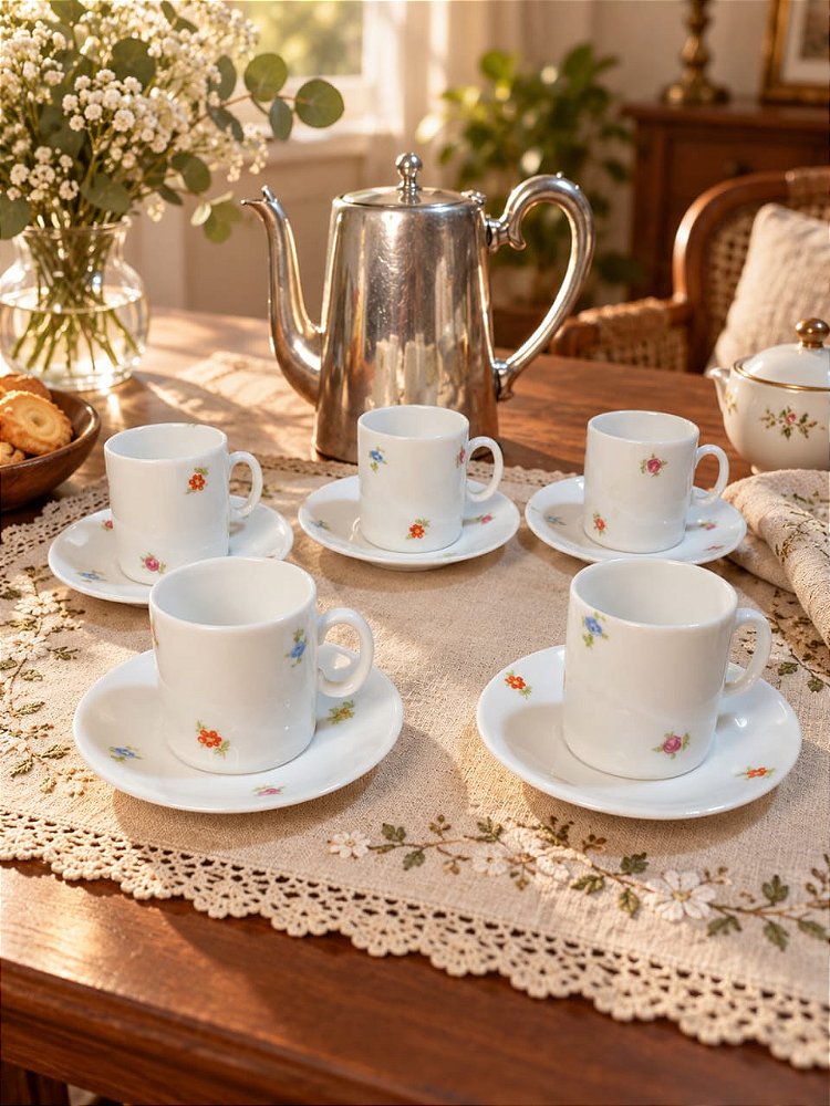 Conjunto Vintage Floral de 5 Xícaras com Pires – Porcelana Renner