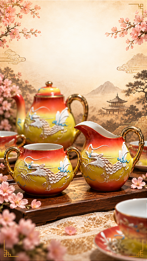 Jogo de Porcelana Japonesa casca de ovo - Japanese Moriage Dragonware