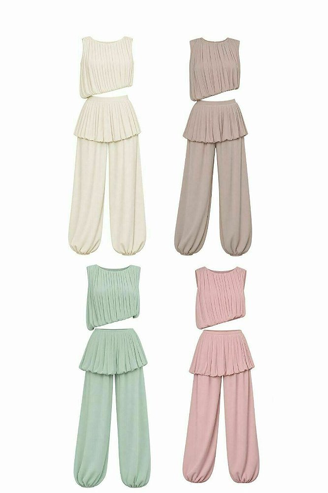 Conjunto Alfaiataria Leve Blusa Assimetrica Plissada e Calça Aladim com Sobreposição