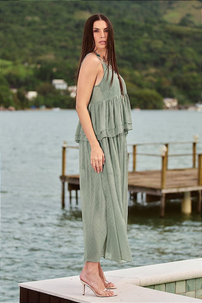 Conjunto Chiffon Texturizado Blusa Alça Fina com Camadas e Saia Longa