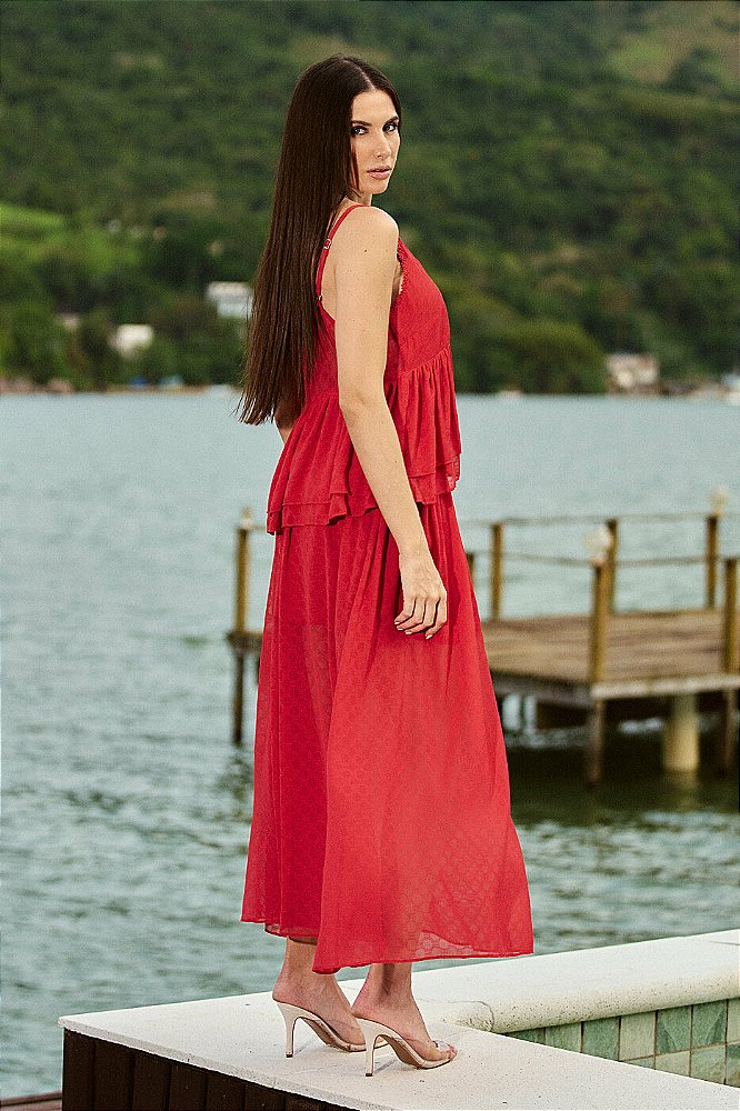 Conjunto Chiffon Texturizado Blusa Alça Fina com Camadas e Saia Longa