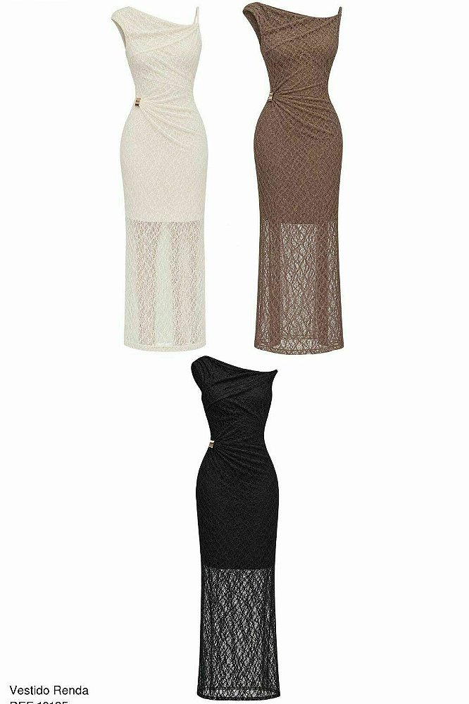 Vestido Midi Renda com Detalhe Metalizado na Lateral
