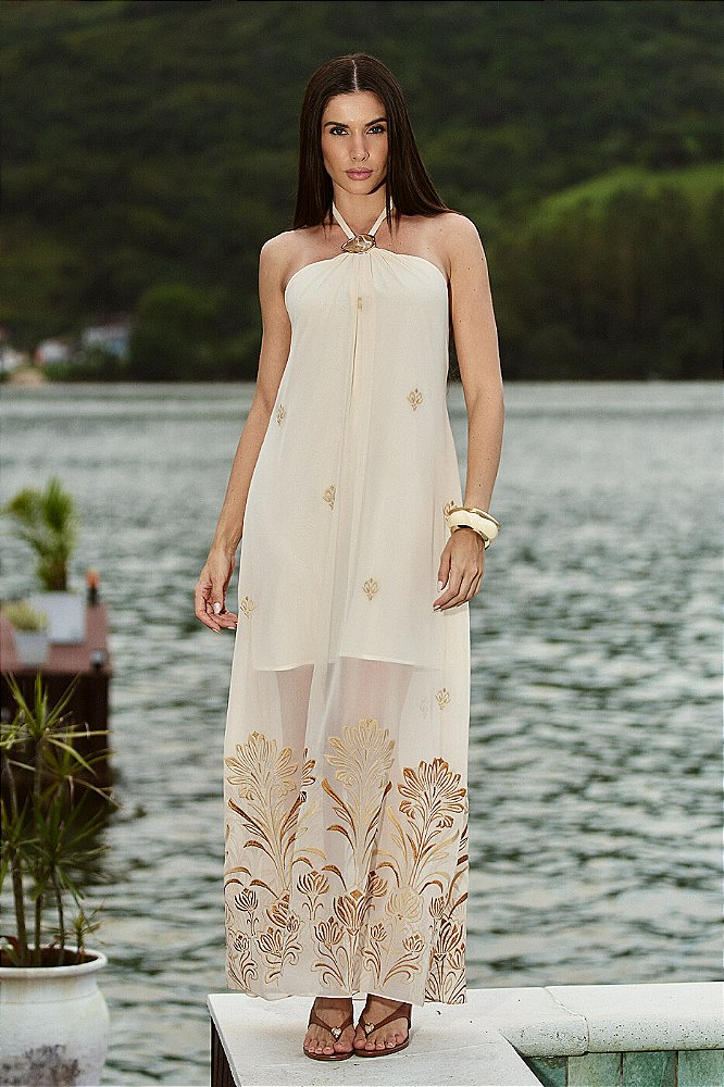 Vestido Chiffon Bordado Frente Única com Passante Metalizado