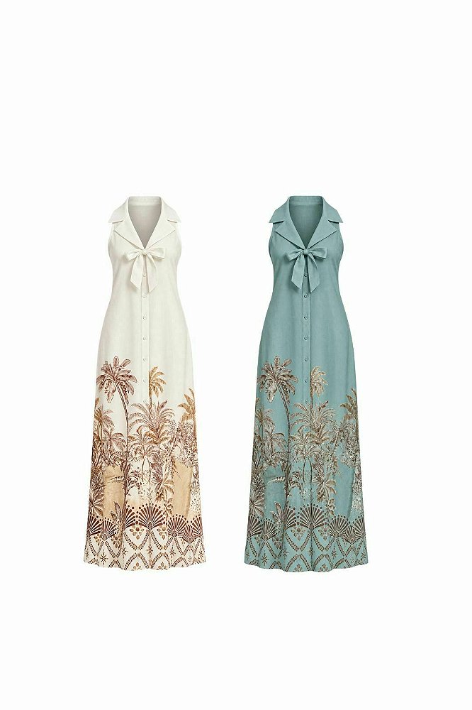 Vestido Algodão Frente Única com Barrado Estampado