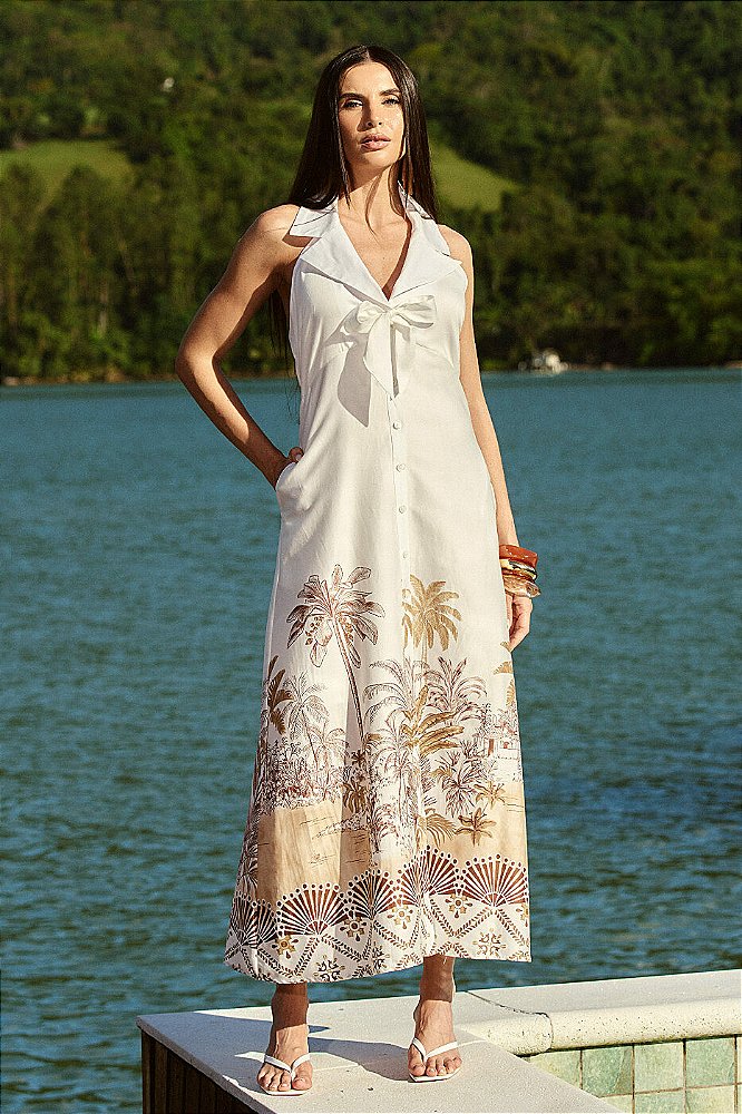 Vestido Algodão Frente Única com Barrado Estampado