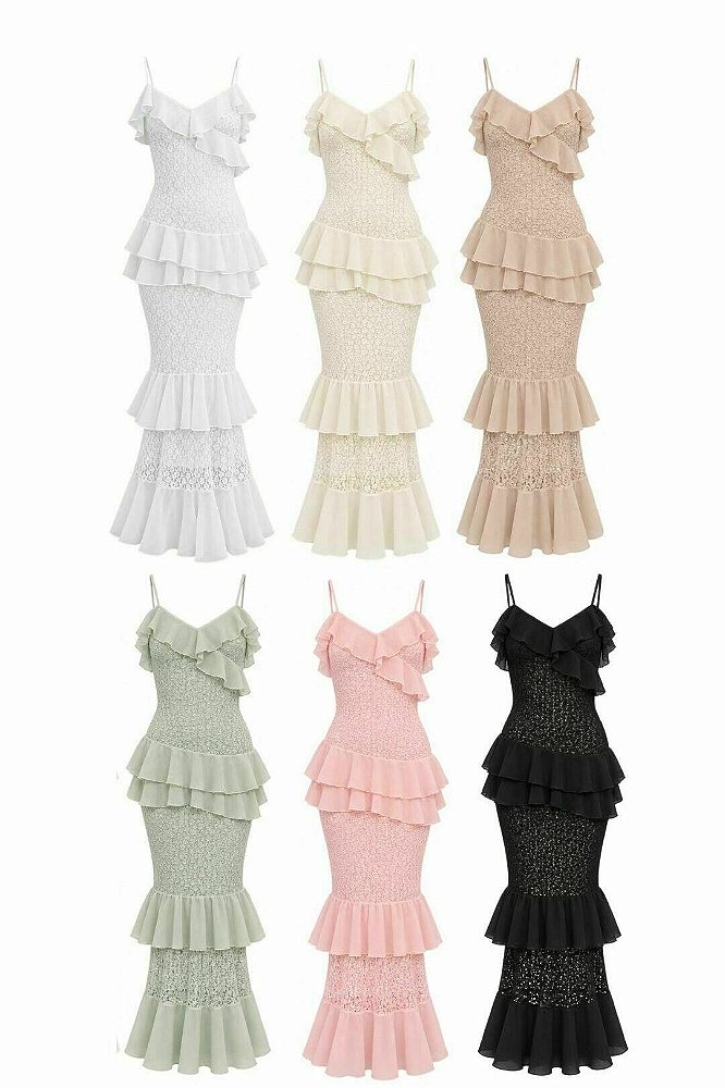 Vestido Alça Fina Renda com Babado em Chiffon