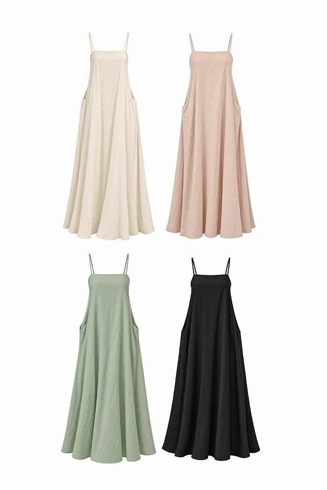 Vestido Viscose Alça Fina com Sobreposição e Fenda Laterais