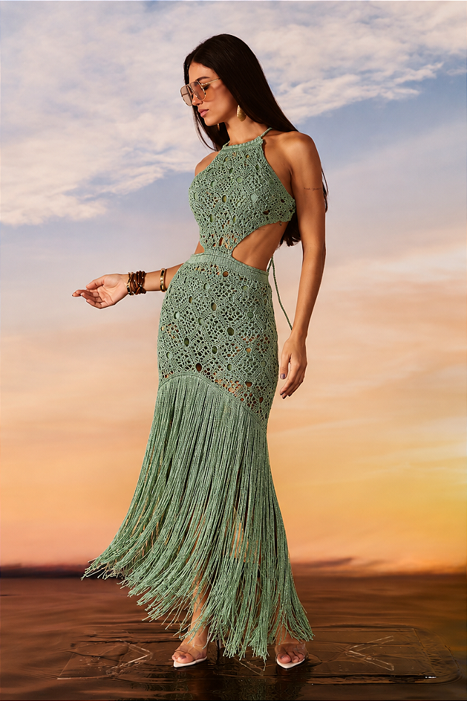 Vestido Tricot Franja com Recorte e Amarração Costa