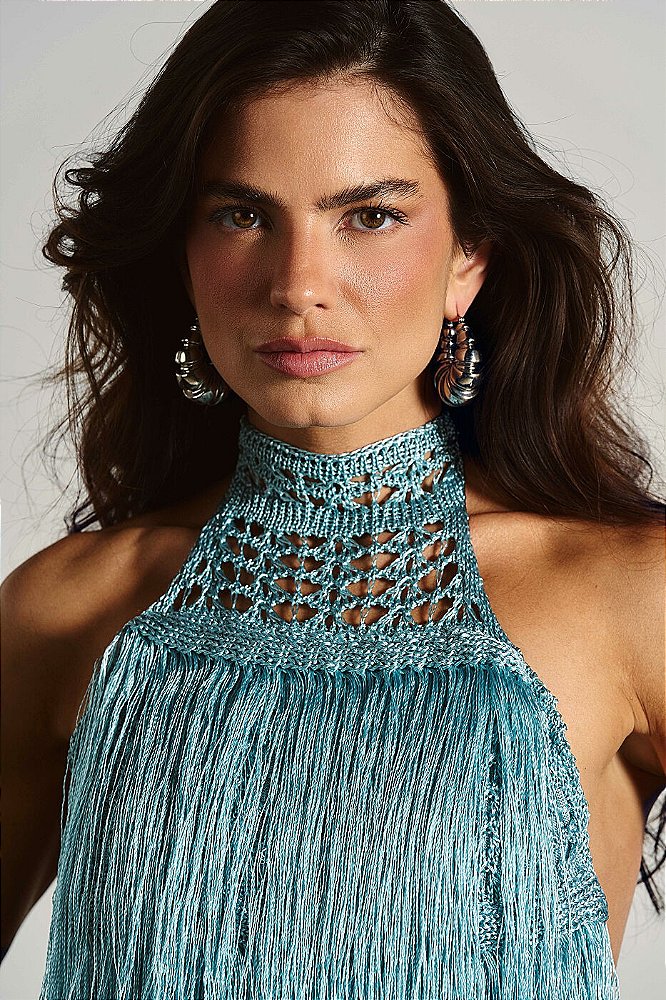 Vestido Tricot Franja com Gola Alta