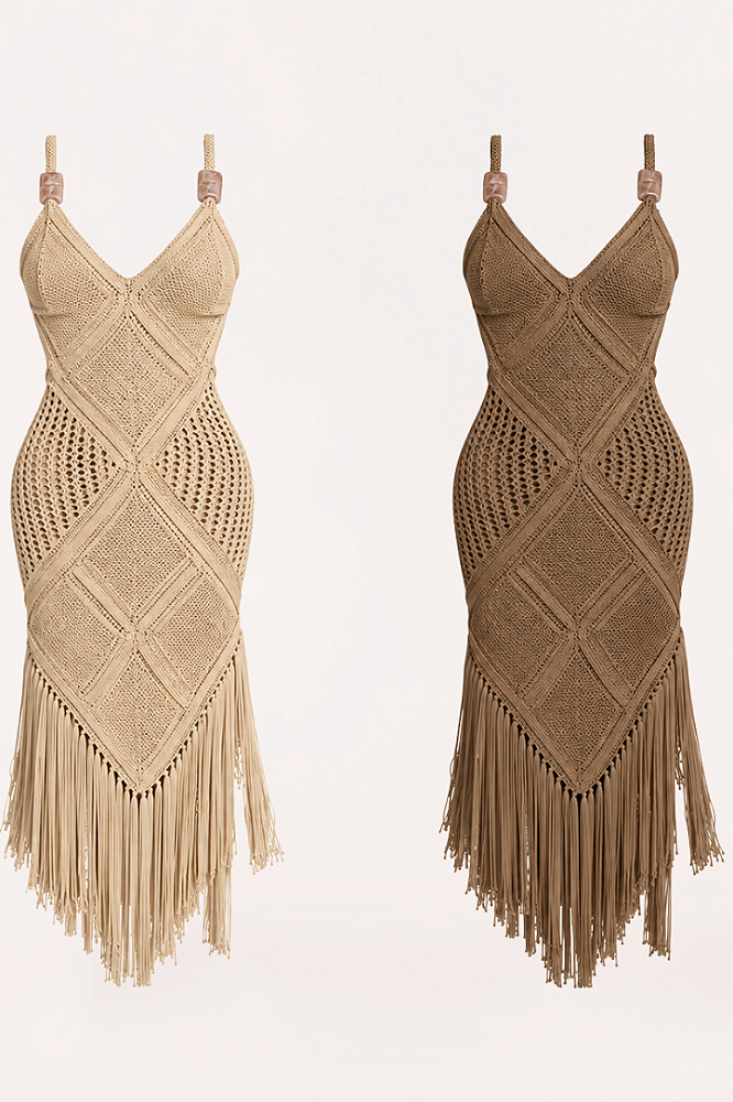 Vestido Tricot com Franja com Amarração Costas