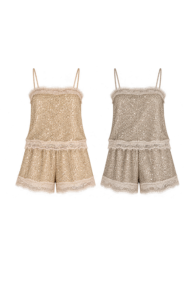 Conjunto Paetê Blusa Alça Fina e Shorts Detalhe Renda