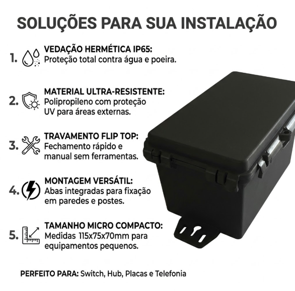 Caixa Hermética Micro 115x75x70mm Preta