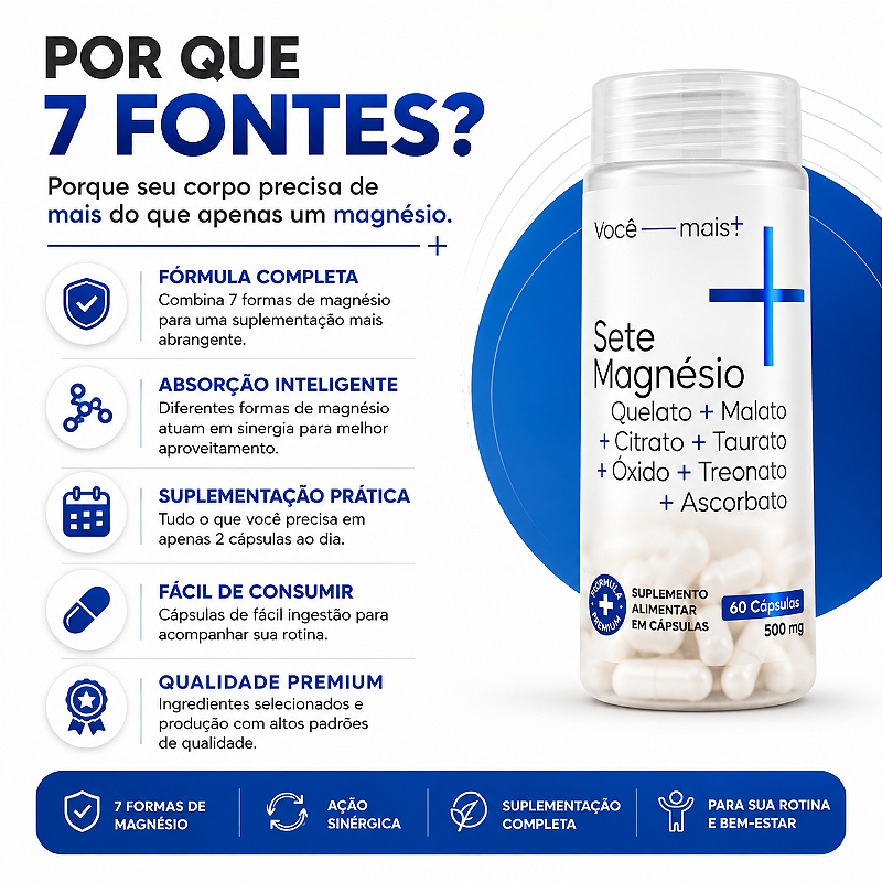 Sete Magnésio 7 Fontes 500mg 60 Cápsulas Quelato Malato Treonato Taurato Citrato Ascorbato Óxido