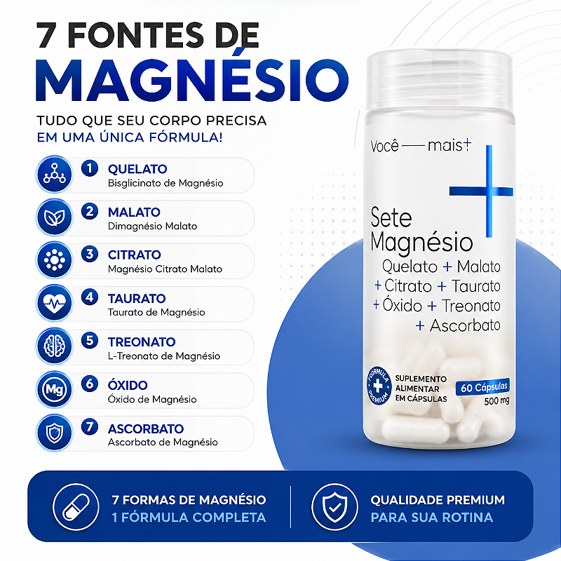 Sete Magnésio 7 Fontes 500mg 60 Cápsulas Quelato Malato Treonato Taurato Citrato Ascorbato Óxido