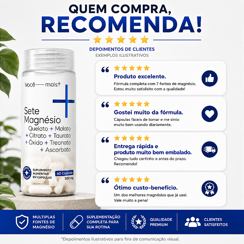 Sete Magnésio 7 Fontes 500mg 60 Cápsulas Quelato Malato Treonato Taurato Citrato Ascorbato Óxido