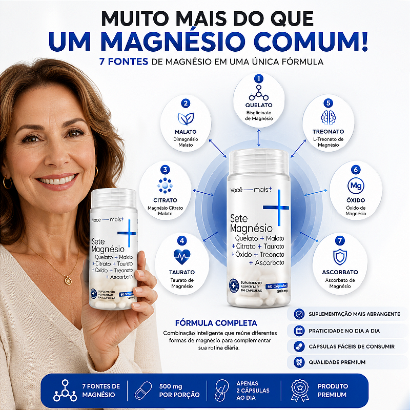Sete Magnésio 7 Fontes 500mg 60 Cápsulas Quelato Malato Treonato Taurato Citrato Ascorbato Óxido