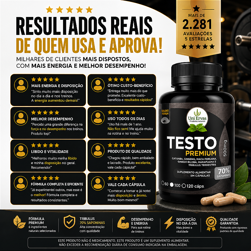 Testo Premium Testosterona 70%Saponins 500mg 120 Cápsulas