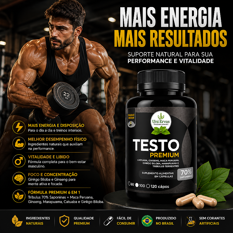 Testo Premium Testosterona 70%Saponins 500mg 120 Cápsulas