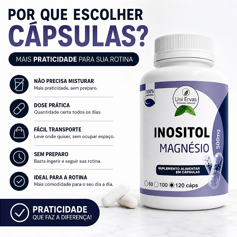 Magnésio Inositol 500mg 120 Cápsulas Suplemento Alimentar Alto Rendimento