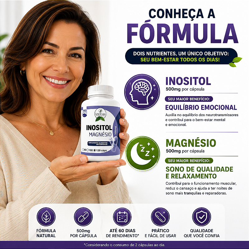 Magnésio Inositol 500mg 120 Cápsulas Suplemento Alimentar Alto Rendimento